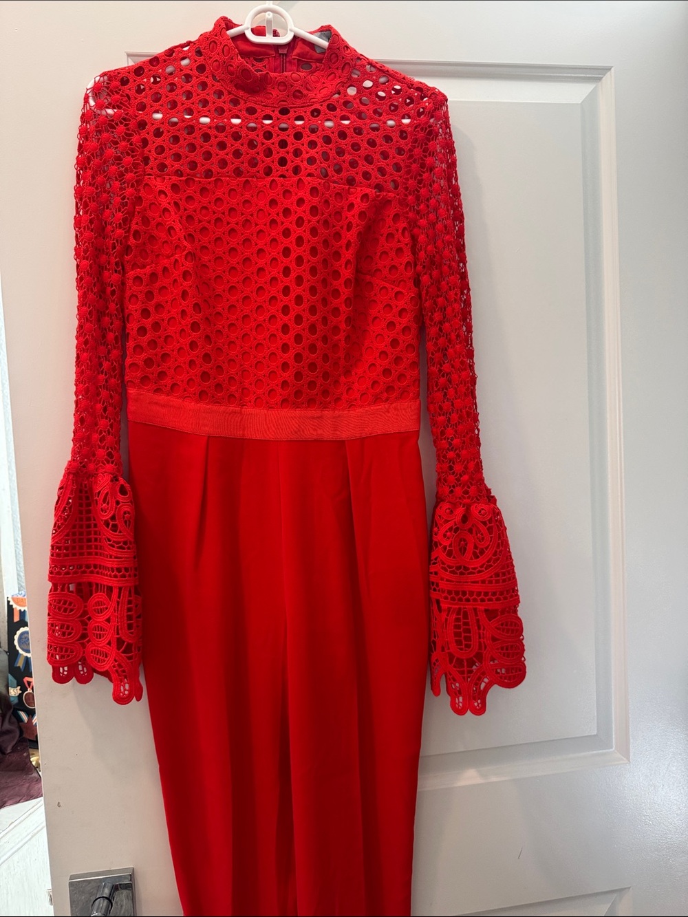 Elegant Red Lace Long-Sleeve jumpsuit with Bell Sleeves